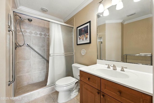 2201 Windjammer Ln, Saint Augustine, FL 32084 - bathroom featuring ornamental molding, vanity, a shower stall, and tile patterned floors