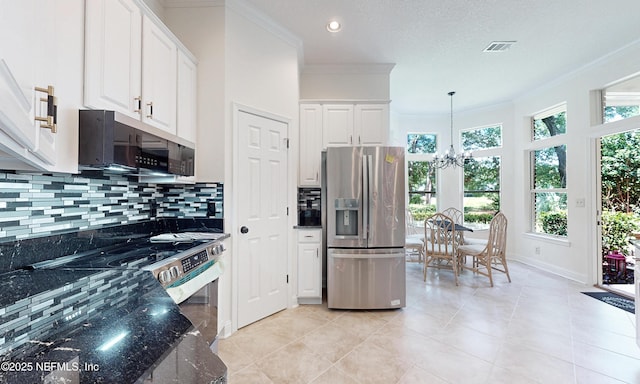 1877 Medinah Ln, Green Cove Springs, FL 32043 - kitchen featuring stainless steel appliances, crown molding, a chandelier, white cabinetry, and decorative backsplash