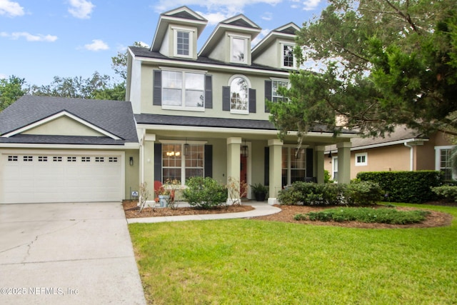 85488 Sagaponack Dr, Fernandina Beach, FL 32034 - view of front of house with stucco siding, concrete driveway, a front yard, a garage, and a shingled roof