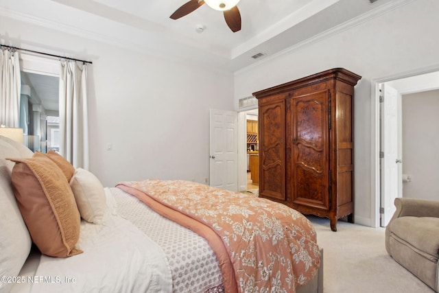 85488 Sagaponack Dr, Fernandina Beach, FL 32034 - bedroom with light colored carpet, a ceiling fan, and ornamental molding
