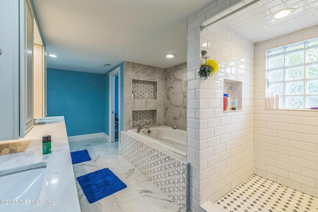 10268 Lake View Rd W, Jacksonville, FL 32225 - full bathroom with marble look tiles, a garden tub, recessed lighting, tiled shower, and vanity