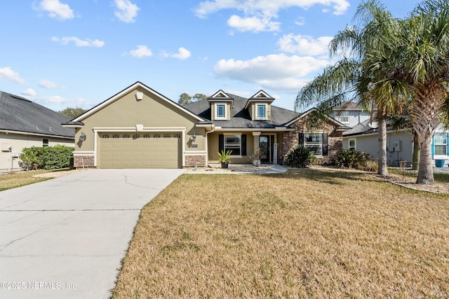 321 Palazzo Cir, Saint Augustine, FL 32092 - view of front of property with stone siding, an attached garage, a front lawn, concrete driveway, and stucco siding