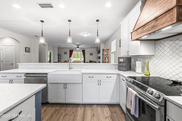 3299 Hidden Meadows Ct, Green Cove Springs, FL 32043 - kitchen featuring custom exhaust hood, appliances with stainless steel finishes, arched walkways, a ceiling fan, and light wood-type flooring
