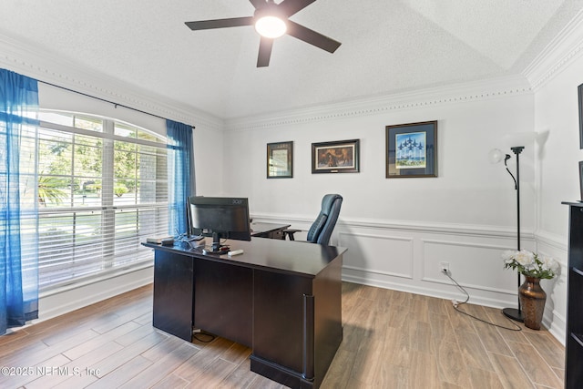 1565 Royal Fern Ln, Fleming Island, FL 32003 - office area with a ceiling fan, wood finished floors, a textured ceiling, a wainscoted wall, and ornamental molding