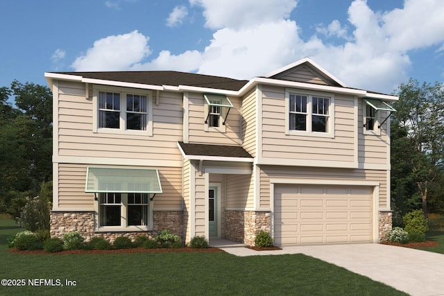 413 Palomar Dr, Saint Johns, FL 32259 - view of front of house with stone siding, driveway, a garage, and a front lawn