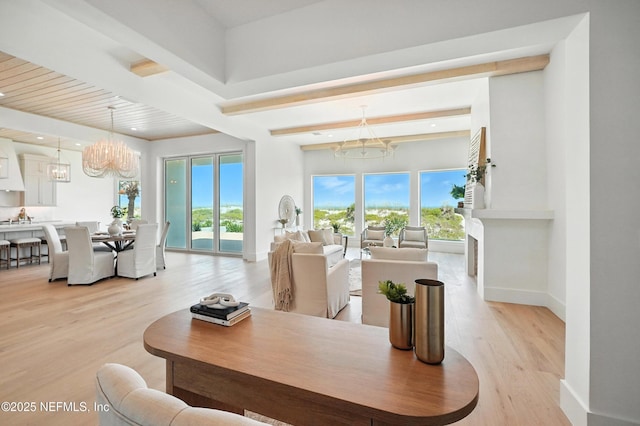 1509 Ocean Front, Neptune Beach, FL 32266 - living room with a chandelier, healthy amount of natural light, light wood-style flooring, beamed ceiling, and recessed lighting