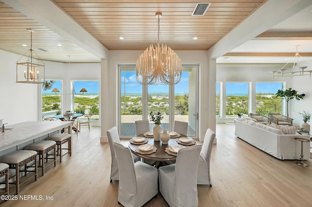1509 Ocean Front, Neptune Beach, FL 32266 - dining space featuring a chandelier, wood ceiling, light wood-style floors, and recessed lighting