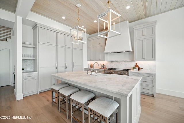 1509 Ocean Front, Neptune Beach, FL 32266 - kitchen featuring extractor fan, wooden ceiling, recessed lighting, light wood-style flooring, and a kitchen island with sink