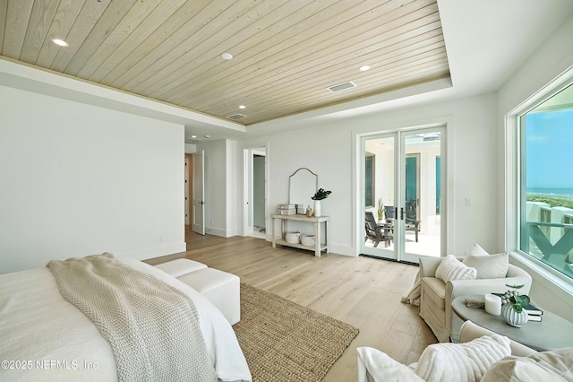 1509 Ocean Front, Neptune Beach, FL 32266 - living area with wooden ceiling, french doors, a tray ceiling, recessed lighting, and light wood-style flooring