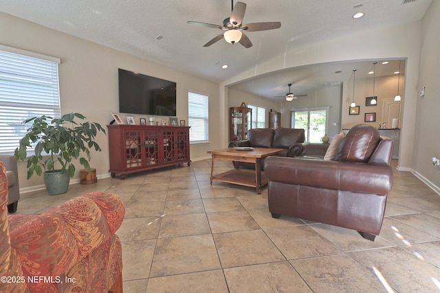 127 Colorado Springs Way, Saint Augustine, FL 32092 - living area featuring ceiling fan, healthy amount of natural light, vaulted ceiling, light tile patterned flooring, and recessed lighting