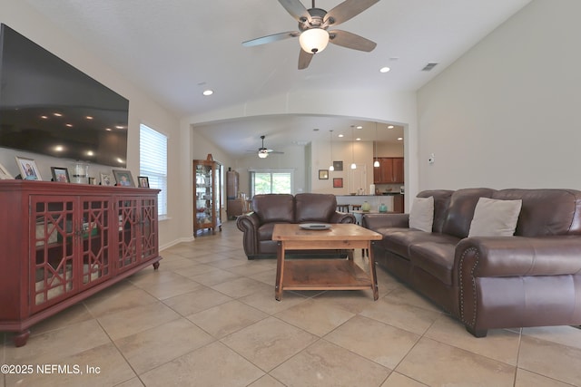 127 Colorado Springs Way, Saint Augustine, FL 32092 - living area with ceiling fan, light tile patterned floors, vaulted ceiling, and recessed lighting
