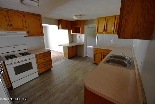 44186 Lee Dr, Callahan, FL 32011 - kitchen featuring gas range gas stove, under cabinet range hood, wood finished floors, brown cabinets, and light countertops