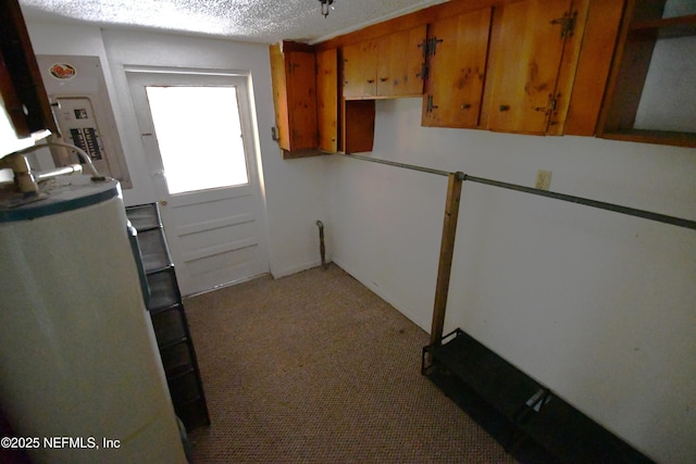 44186 Lee Dr, Callahan, FL 32011 - kitchen with brown cabinets, light carpet, a textured ceiling, and electric panel