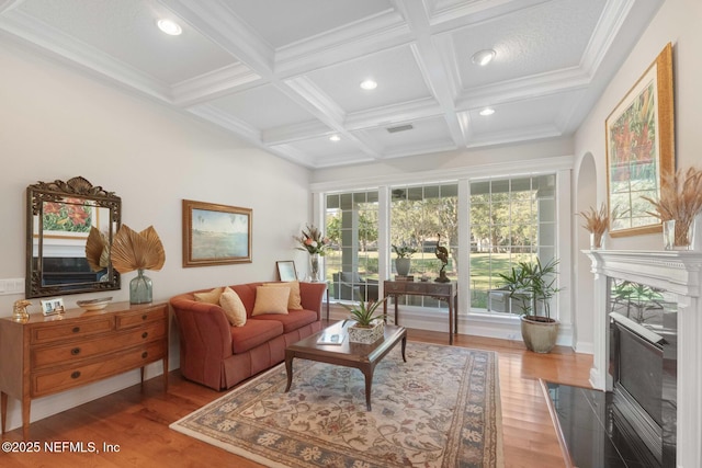 1614 Sheffield Park Ct, Jacksonville, FL 32225 - living room with recessed lighting, light wood-style flooring, beam ceiling, a fireplace with flush hearth, and coffered ceiling