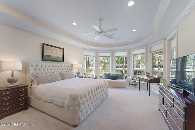 1614 Sheffield Park Ct, Jacksonville, FL 32225 - bedroom featuring ornamental molding, light carpet, recessed lighting, a tray ceiling, and ceiling fan