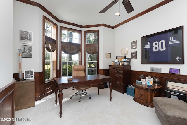 1614 Sheffield Park Ct, Jacksonville, FL 32225 - office area with a wainscoted wall, crown molding, light carpet, and ceiling fan