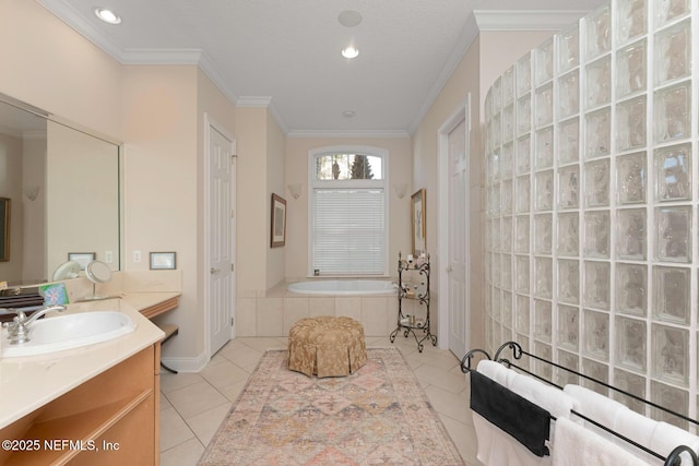 1614 Sheffield Park Ct, Jacksonville, FL 32225 - bathroom with vanity, a bath, tile patterned floors, crown molding, and recessed lighting