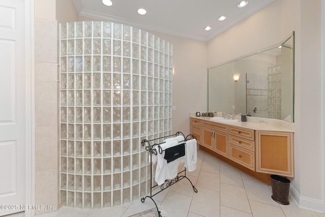 1614 Sheffield Park Ct, Jacksonville, FL 32225 - full bath with a walk in shower, vanity, crown molding, tile patterned flooring, and recessed lighting