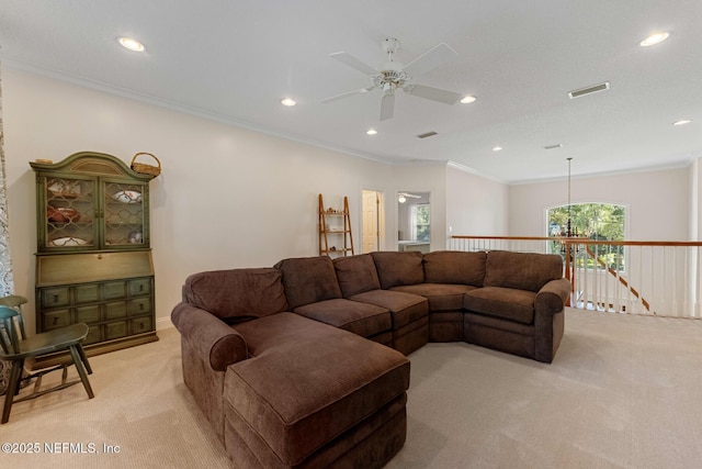 1614 Sheffield Park Ct, Jacksonville, FL 32225 - living area featuring light colored carpet, a ceiling fan, ornamental molding, and recessed lighting