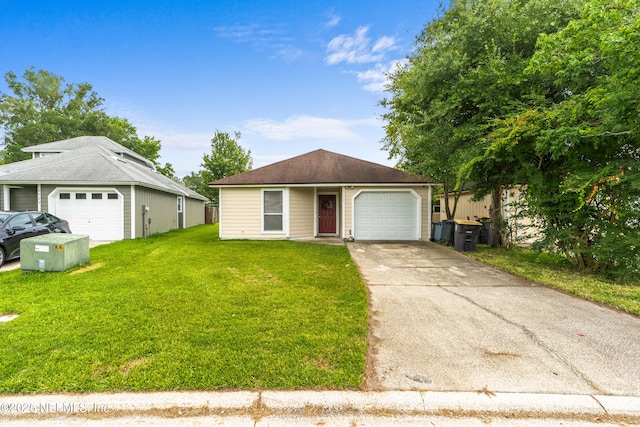 6719 Newgate Cir E, Jacksonville, FL 32244 - ranch-style house with driveway, a front lawn, and an attached garage
