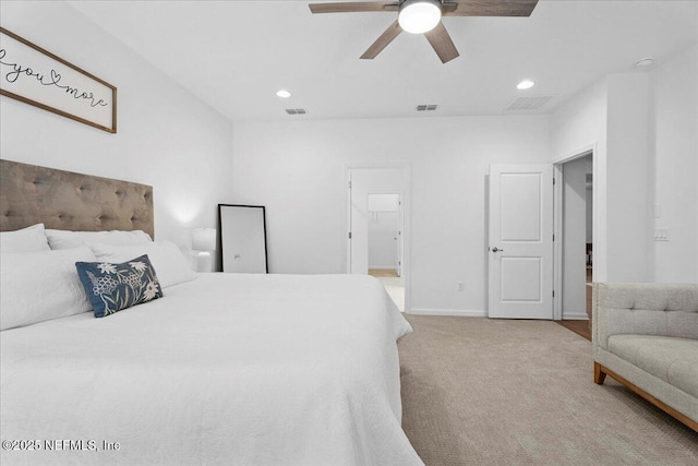 227 Wind Chime Ln, Saint Augustine, FL 32095 - bedroom featuring light carpet, recessed lighting, and a ceiling fan