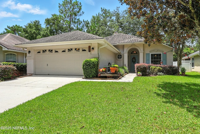 145 E Blackjack Branch Way, Saint Johns, FL 32259 - view of front of house with a garage, a front lawn, concrete driveway, roof with shingles, and stucco siding