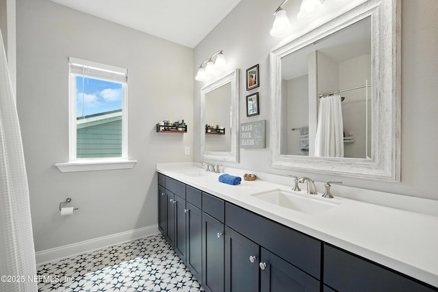 214 Gap Creek Dr, Saint Johns, FL 32259 - full bathroom featuring double vanity, tile patterned floors, and a shower with curtain