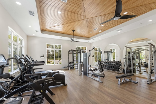 214 Gap Creek Dr, Saint Johns, FL 32259 - gym featuring ceiling fan, a tray ceiling, wooden ceiling, arched walkways, and healthy amount of natural light