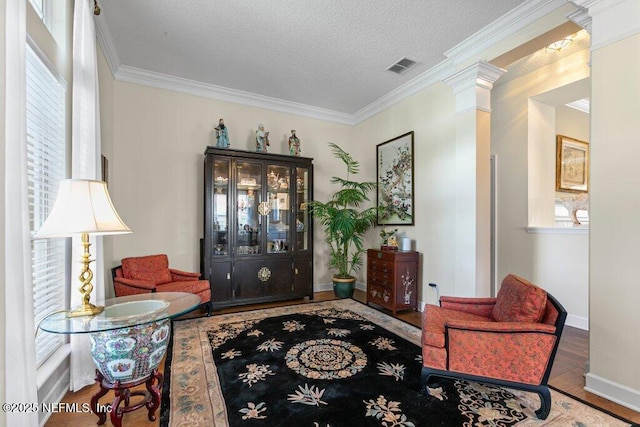 205 N Checkerberry Way, Saint Johns, FL 32259 - living area featuring ornamental molding, a textured ceiling, wood finished floors, and ornate columns