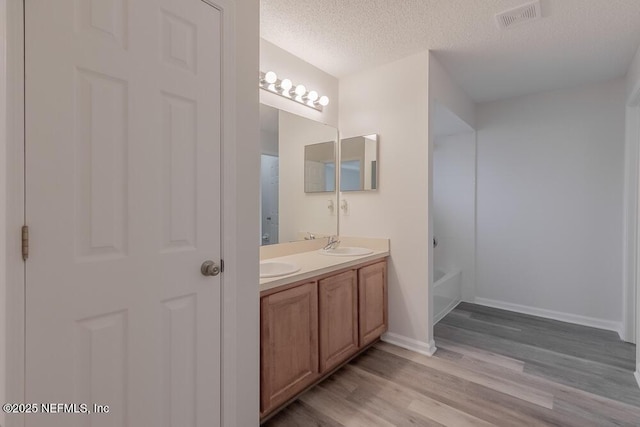 1203 Summer Springs Dr, Middleburg, FL 32068 - bathroom featuring double vanity, wood finished floors, a textured ceiling, and a tub to relax in