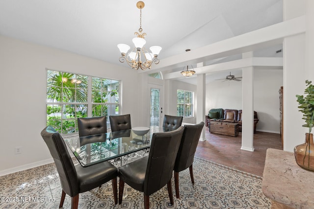 213 Seamist Ct, Ponte Vedra Beach, FL 32082 - dining area with vaulted ceiling, a chandelier, and ceiling fan