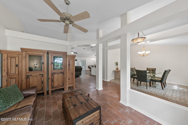 213 Seamist Ct, Ponte Vedra Beach, FL 32082 - living room with a chandelier, ceiling fan, dark wood-style floors, and high vaulted ceiling