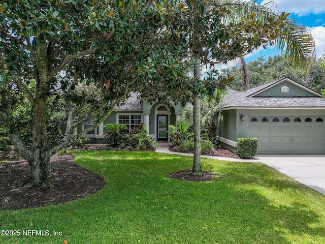 213 Seamist Ct, Ponte Vedra Beach, FL 32082 - view of front facade featuring concrete driveway, a front yard, an attached garage, stucco siding, and a shingled roof