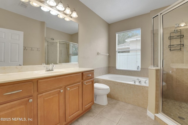 25122 Chipshot Ct, Sorrento, FL 32776 - bathroom featuring vanity, tile patterned floors, a bath, and a stall shower