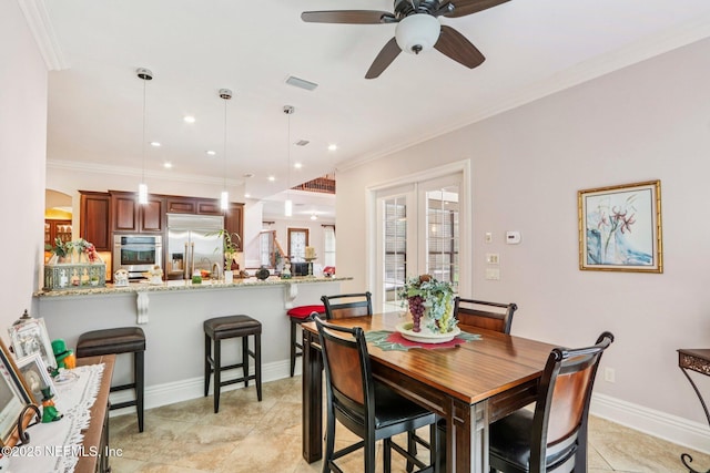 2645 Oakgrove Ave, Saint Augustine, FL 32092 - dining space featuring crown molding, a ceiling fan, light tile patterned floors, and recessed lighting
