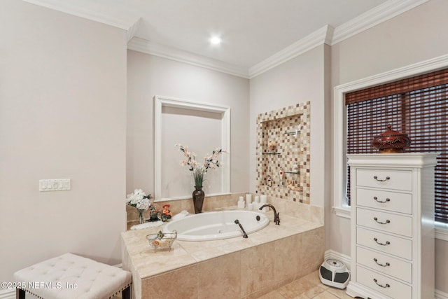 2645 Oakgrove Ave, Saint Augustine, FL 32092 - bathroom with a jetted tub, ornamental molding, and tile patterned floors