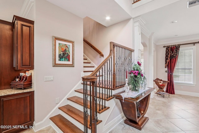 2645 Oakgrove Ave, Saint Augustine, FL 32092 - stairs featuring crown molding and tile patterned floors