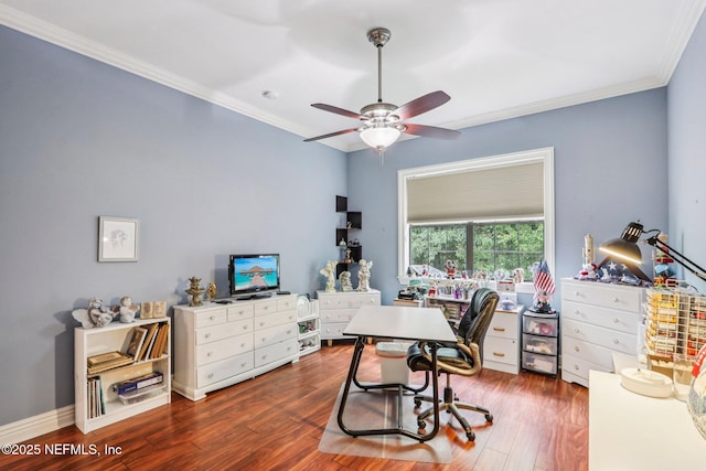 2645 Oakgrove Ave, Saint Augustine, FL 32092 - office with ornamental molding, wood finished floors, and ceiling fan