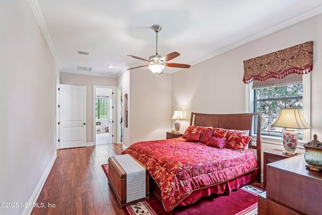 2645 Oakgrove Ave, Saint Augustine, FL 32092 - bedroom featuring dark wood-style floors, ornamental molding, multiple windows, and ceiling fan
