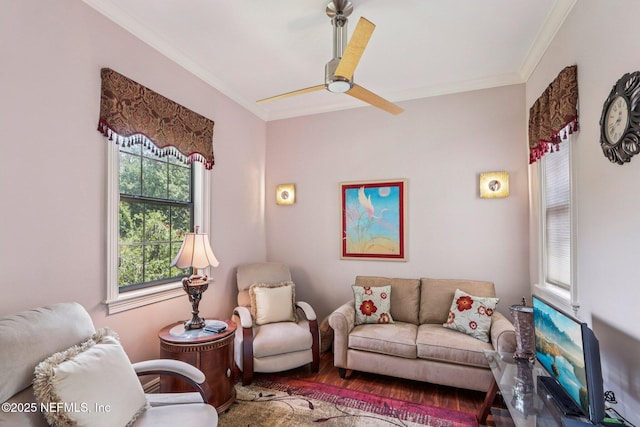 2645 Oakgrove Ave, Saint Augustine, FL 32092 - living area with ornamental molding, wood finished floors, and ceiling fan