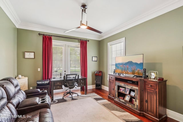 2645 Oakgrove Ave, Saint Augustine, FL 32092 - home office with a ceiling fan, ornamental molding, dark wood-type flooring, and healthy amount of natural light