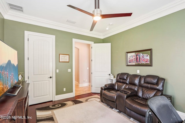 2645 Oakgrove Ave, Saint Augustine, FL 32092 - living area with ornamental molding, ceiling fan, and wood finished floors