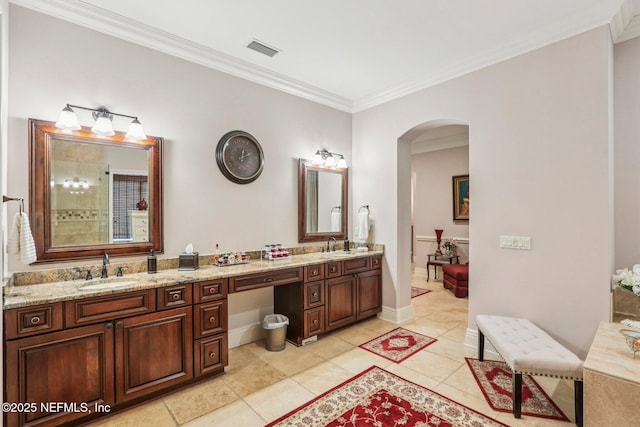 2645 Oakgrove Ave, Saint Augustine, FL 32092 - full bathroom with double vanity, tile patterned flooring, and ornamental molding