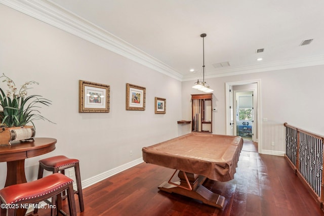 2645 Oakgrove Ave, Saint Augustine, FL 32092 - rec room featuring dark wood-style flooring, ornamental molding, billiards table, and recessed lighting
