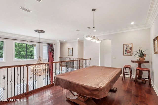 2645 Oakgrove Ave, Saint Augustine, FL 32092 - recreation room with dark wood-style flooring, crown molding, billiards, recessed lighting, and arched walkways