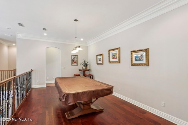 2645 Oakgrove Ave, Saint Augustine, FL 32092 - game room with wood finished floors, arched walkways, recessed lighting, ornamental molding, and billiards