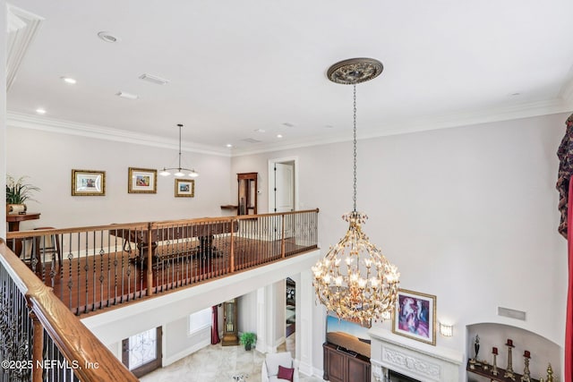 2645 Oakgrove Ave, Saint Augustine, FL 32092 - hall featuring a chandelier, recessed lighting, ornamental molding, and light marble finish floors