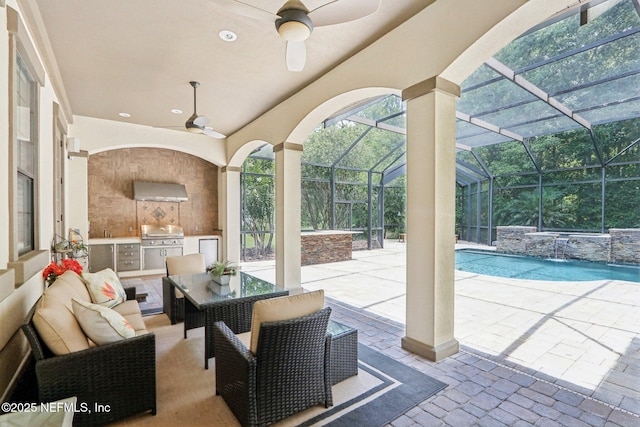 2645 Oakgrove Ave, Saint Augustine, FL 32092 - view of patio / terrace with area for grilling, an outdoor living space, a ceiling fan, an outdoor pool, and a lanai