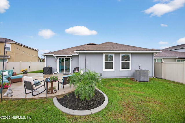 2069 Denton Trce, Green Cove Springs, FL 32043 - back of house with outdoor lounge area, a fenced backyard, a patio area, stucco siding, and a shingled roof