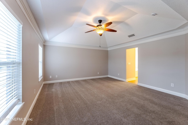 1300 Coopers Hawk Way, Middleburg, FL 32068 - carpeted spare room featuring vaulted ceiling, a ceiling fan, crown molding, a raised ceiling, and a smoke detector